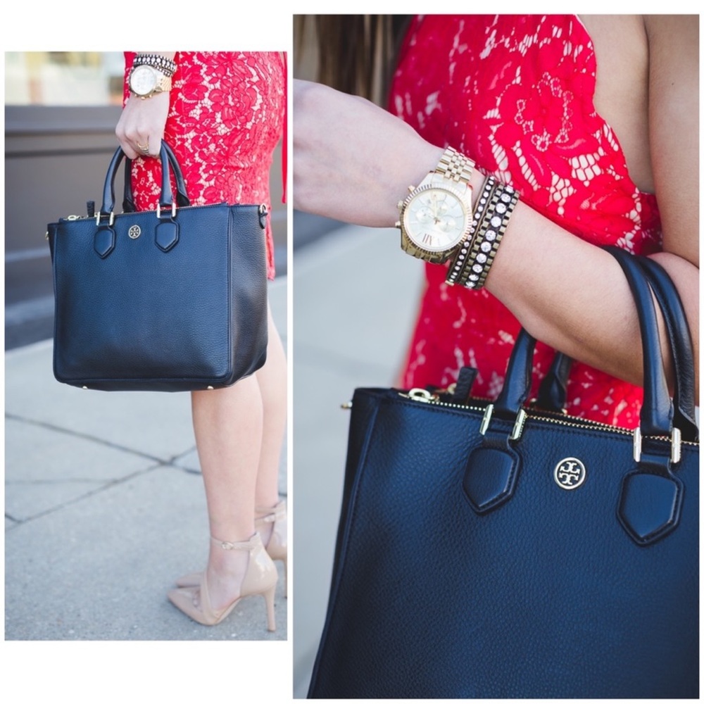 Tory Burch Robinson Pebbled Leather Square Tote Tigers Eye
